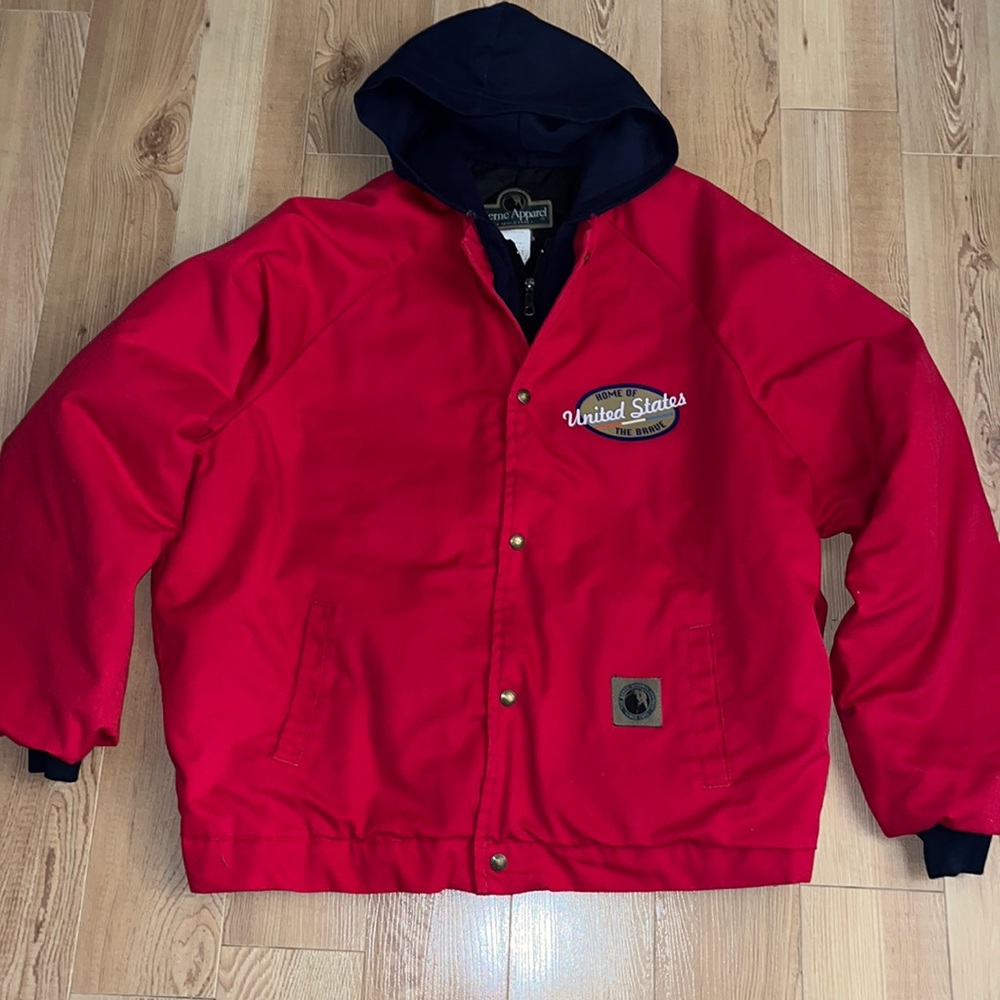BERNE MENS xxlarge 52-54 RED AND DARK BLUE JACKET WITH DECAL 🇺🇸